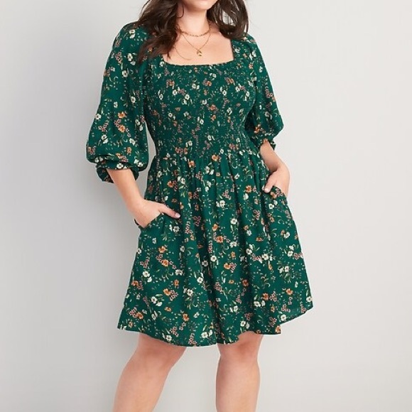 Old Navy Dresses & Skirts - OLD NAVY FIT & FLARE TEAL FLORAL SMOCKED BODICE LONG SLEEVE MINI DRESS SIZE XL
